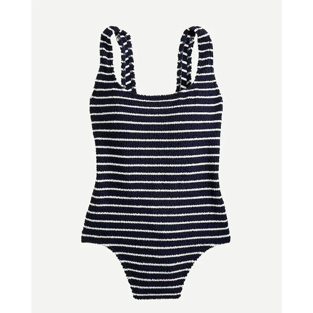 J Crew Navy White Nautical Scoopback Textured One Piece Swimsuit 2 NEW